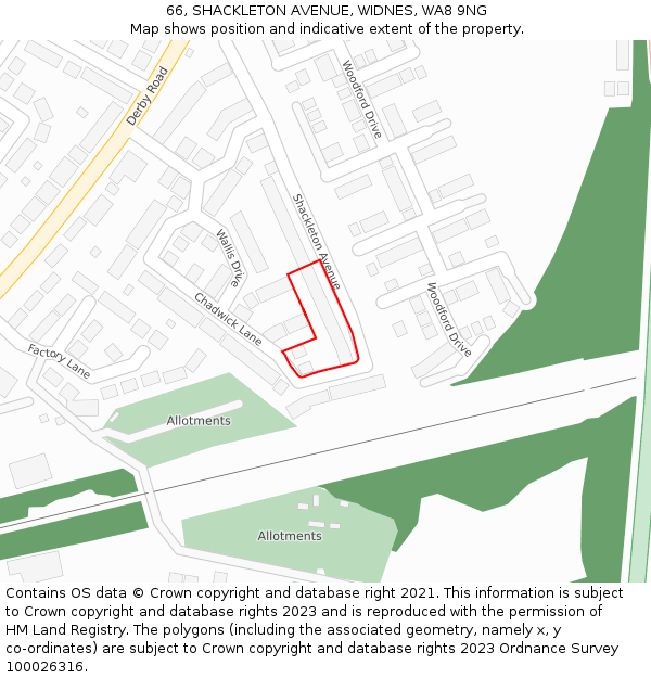 66, SHACKLETON AVENUE, WIDNES, WA8 9NG: Location map and indicative extent of plot