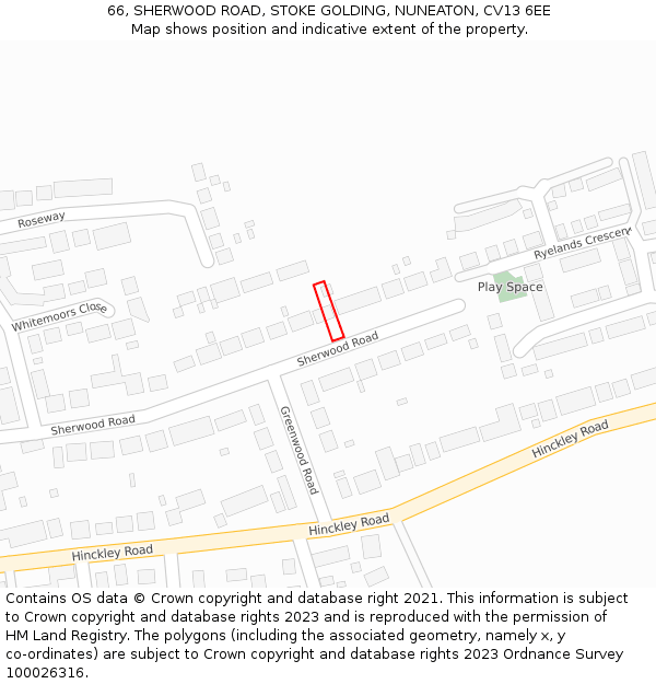 66, SHERWOOD ROAD, STOKE GOLDING, NUNEATON, CV13 6EE: Location map and indicative extent of plot