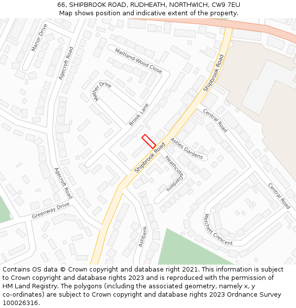66, SHIPBROOK ROAD, RUDHEATH, NORTHWICH, CW9 7EU: Location map and indicative extent of plot