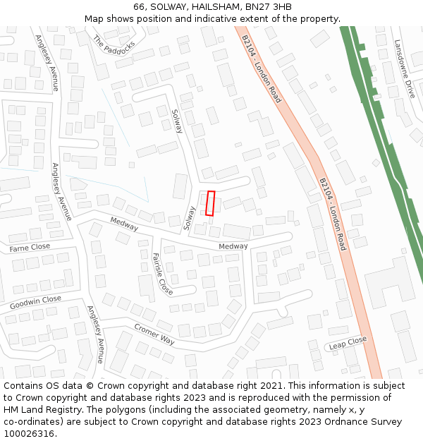 66, SOLWAY, HAILSHAM, BN27 3HB: Location map and indicative extent of plot