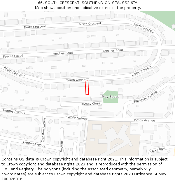 66, SOUTH CRESCENT, SOUTHEND-ON-SEA, SS2 6TA: Location map and indicative extent of plot