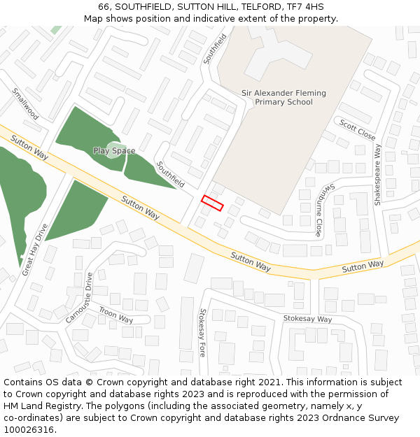 66, SOUTHFIELD, SUTTON HILL, TELFORD, TF7 4HS: Location map and indicative extent of plot