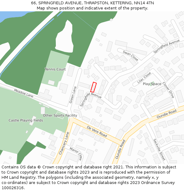 66, SPRINGFIELD AVENUE, THRAPSTON, KETTERING, NN14 4TN: Location map and indicative extent of plot