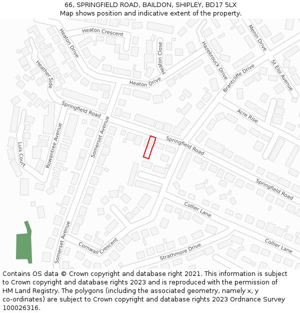 66, SPRINGFIELD ROAD, BAILDON, SHIPLEY, BD17 5LX: Location map and indicative extent of plot