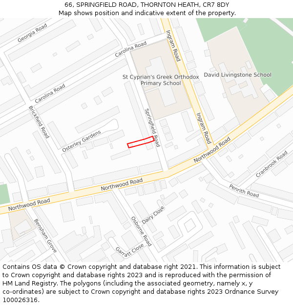 66, SPRINGFIELD ROAD, THORNTON HEATH, CR7 8DY: Location map and indicative extent of plot