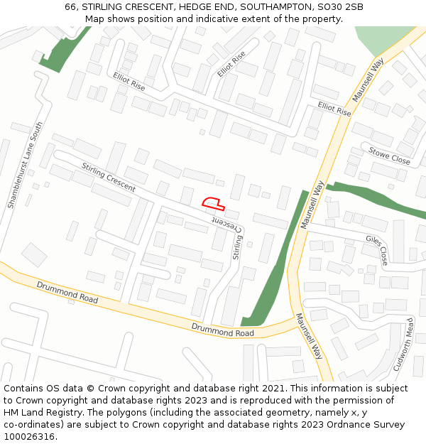 66, STIRLING CRESCENT, HEDGE END, SOUTHAMPTON, SO30 2SB: Location map and indicative extent of plot