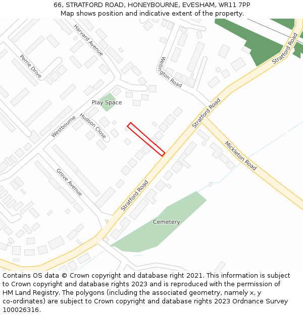 66, STRATFORD ROAD, HONEYBOURNE, EVESHAM, WR11 7PP: Location map and indicative extent of plot