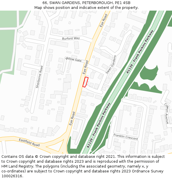 66, SWAN GARDENS, PETERBOROUGH, PE1 4SB: Location map and indicative extent of plot