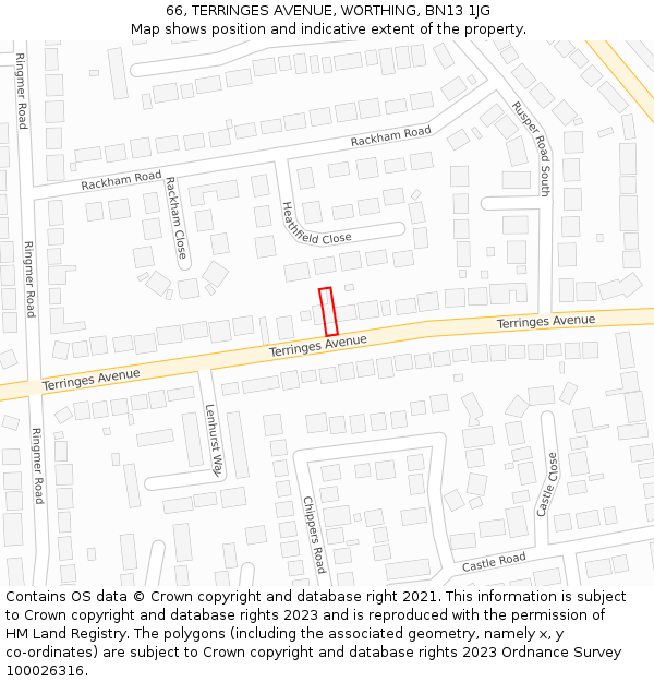 66, TERRINGES AVENUE, WORTHING, BN13 1JG: Location map and indicative extent of plot