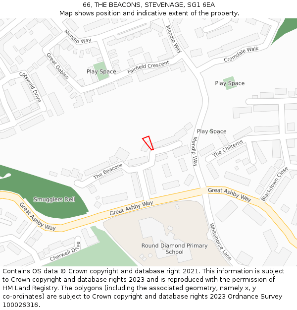 66, THE BEACONS, STEVENAGE, SG1 6EA: Location map and indicative extent of plot