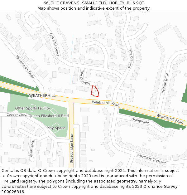 66, THE CRAVENS, SMALLFIELD, HORLEY, RH6 9QT: Location map and indicative extent of plot