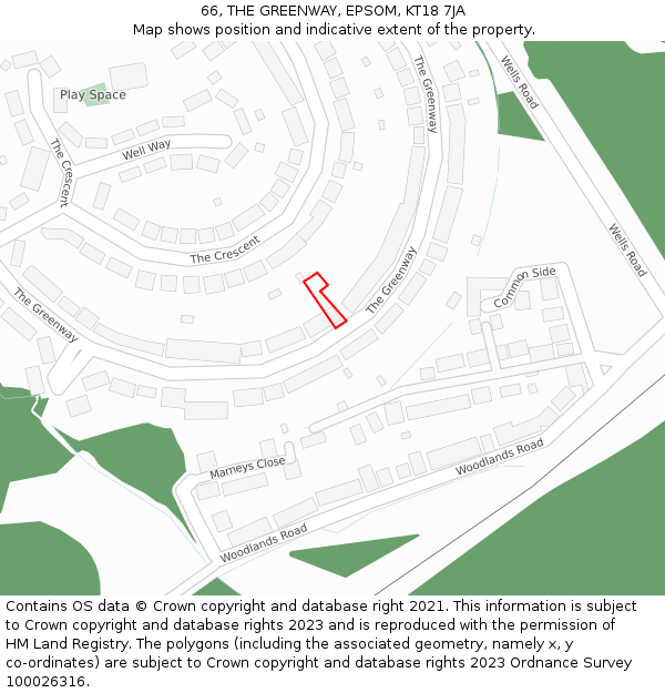 66, THE GREENWAY, EPSOM, KT18 7JA: Location map and indicative extent of plot