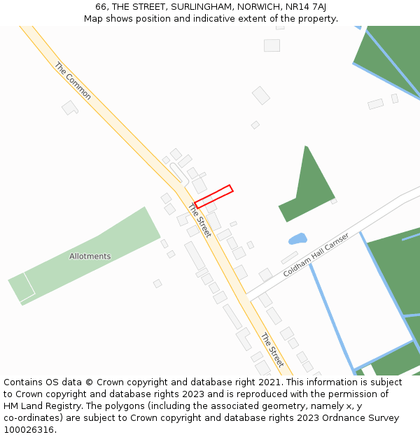 66, THE STREET, SURLINGHAM, NORWICH, NR14 7AJ: Location map and indicative extent of plot