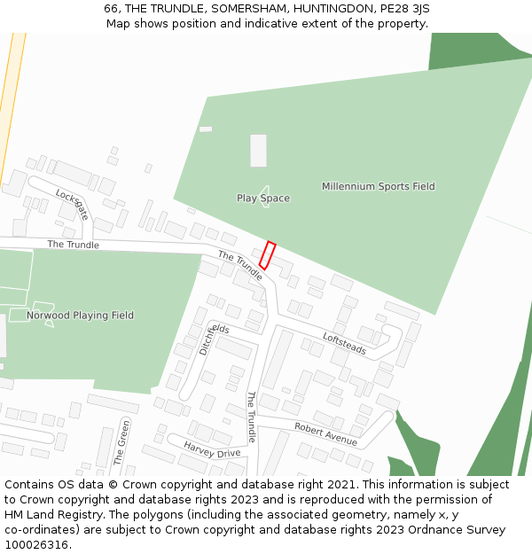 66, THE TRUNDLE, SOMERSHAM, HUNTINGDON, PE28 3JS: Location map and indicative extent of plot