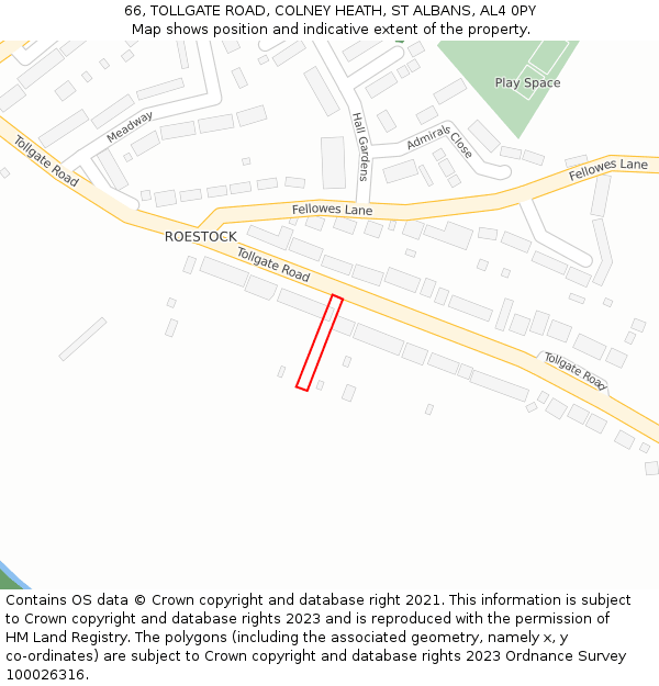 66, TOLLGATE ROAD, COLNEY HEATH, ST ALBANS, AL4 0PY: Location map and indicative extent of plot