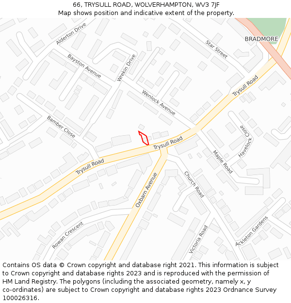 66, TRYSULL ROAD, WOLVERHAMPTON, WV3 7JF: Location map and indicative extent of plot