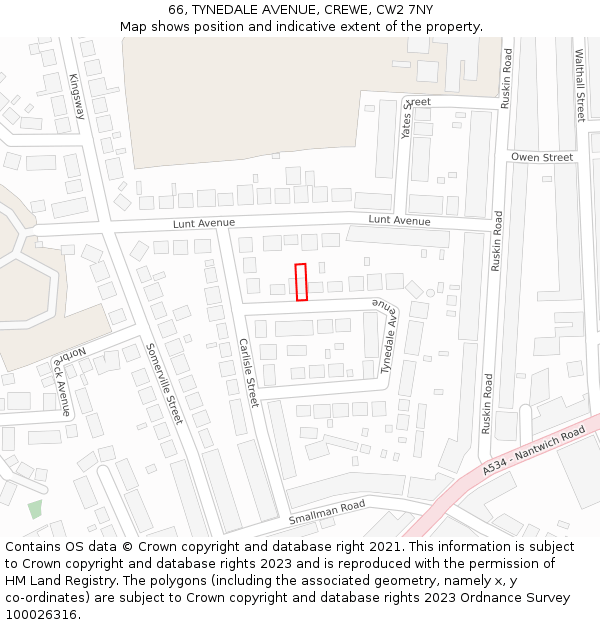 66, TYNEDALE AVENUE, CREWE, CW2 7NY: Location map and indicative extent of plot