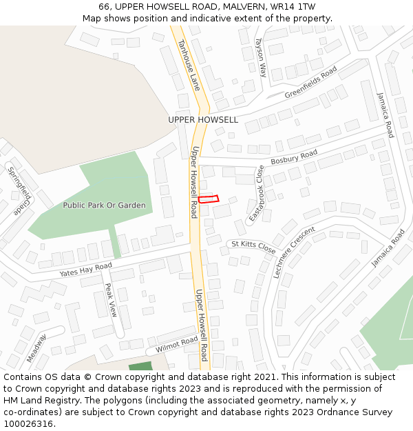 66, UPPER HOWSELL ROAD, MALVERN, WR14 1TW: Location map and indicative extent of plot