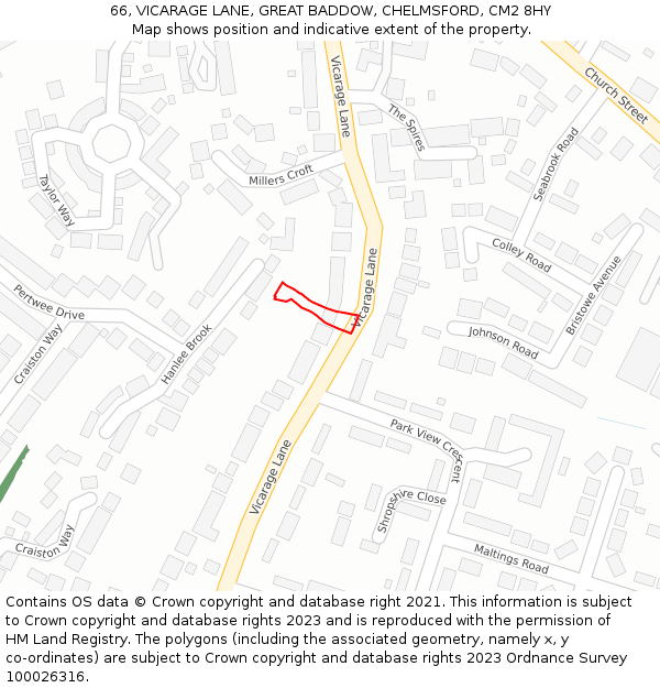 66, VICARAGE LANE, GREAT BADDOW, CHELMSFORD, CM2 8HY: Location map and indicative extent of plot