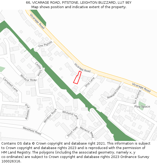 66, VICARAGE ROAD, PITSTONE, LEIGHTON BUZZARD, LU7 9EY: Location map and indicative extent of plot