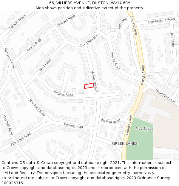 66, VILLIERS AVENUE, BILSTON, WV14 6RA: Location map and indicative extent of plot