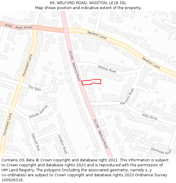 66, WELFORD ROAD, WIGSTON, LE18 3SL: Location map and indicative extent of plot