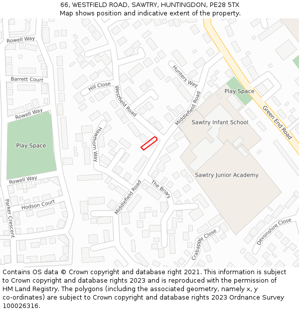 66, WESTFIELD ROAD, SAWTRY, HUNTINGDON, PE28 5TX: Location map and indicative extent of plot