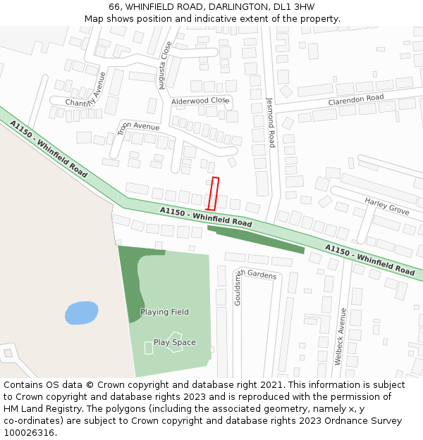 66, WHINFIELD ROAD, DARLINGTON, DL1 3HW: Location map and indicative extent of plot