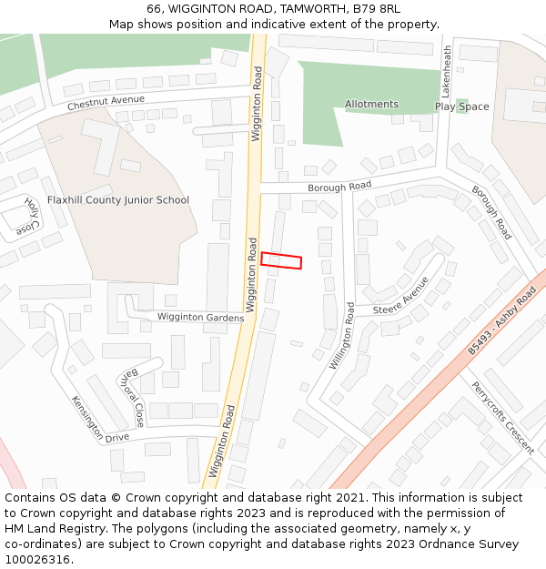 66, WIGGINTON ROAD, TAMWORTH, B79 8RL: Location map and indicative extent of plot