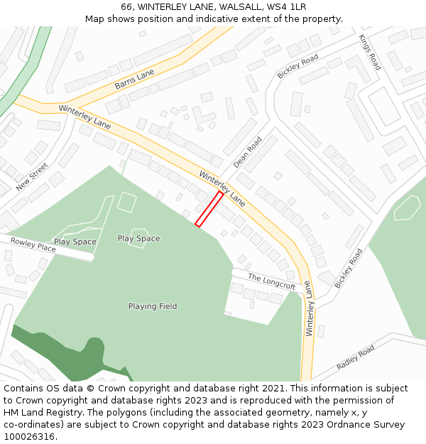 66, WINTERLEY LANE, WALSALL, WS4 1LR: Location map and indicative extent of plot