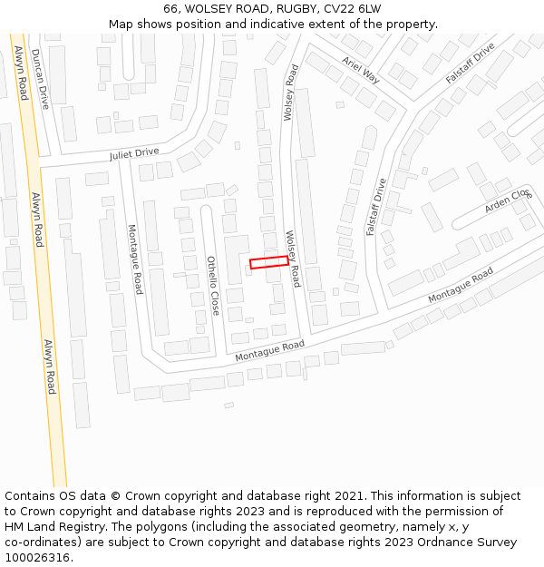 66, WOLSEY ROAD, RUGBY, CV22 6LW: Location map and indicative extent of plot