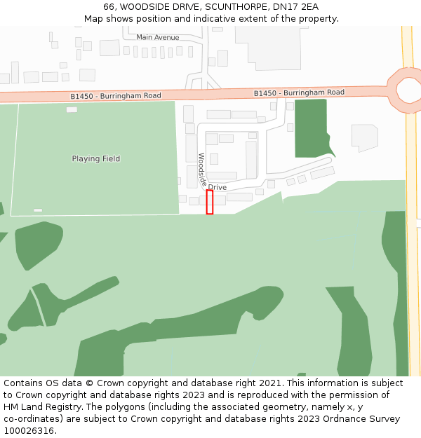 66, WOODSIDE DRIVE, SCUNTHORPE, DN17 2EA: Location map and indicative extent of plot