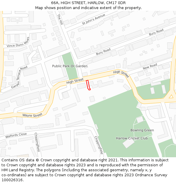 66A, HIGH STREET, HARLOW, CM17 0DR: Location map and indicative extent of plot