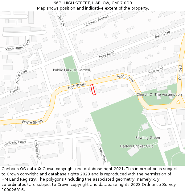 66B, HIGH STREET, HARLOW, CM17 0DR: Location map and indicative extent of plot