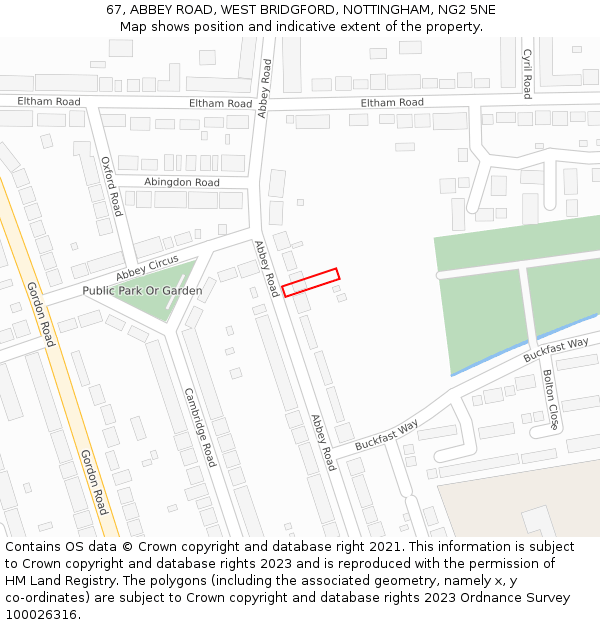 67, ABBEY ROAD, WEST BRIDGFORD, NOTTINGHAM, NG2 5NE: Location map and indicative extent of plot