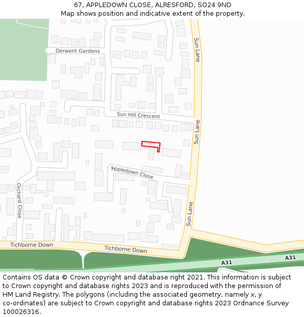 67, APPLEDOWN CLOSE, ALRESFORD, SO24 9ND: Location map and indicative extent of plot
