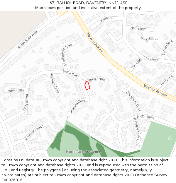 67, BALLIOL ROAD, DAVENTRY, NN11 4SF: Location map and indicative extent of plot