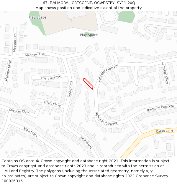 67, BALMORAL CRESCENT, OSWESTRY, SY11 2XQ: Location map and indicative extent of plot