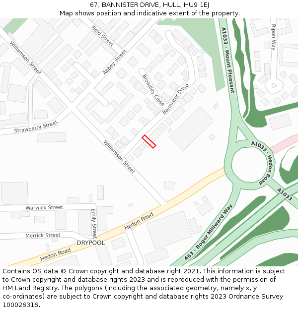 67, BANNISTER DRIVE, HULL, HU9 1EJ: Location map and indicative extent of plot