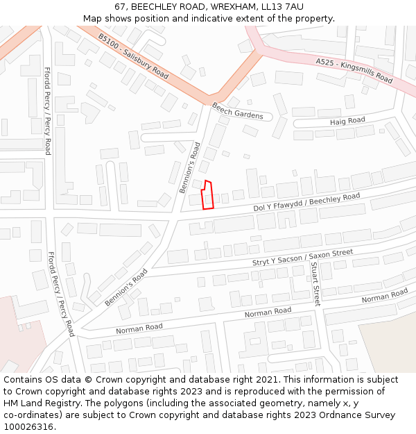 67, BEECHLEY ROAD, WREXHAM, LL13 7AU: Location map and indicative extent of plot