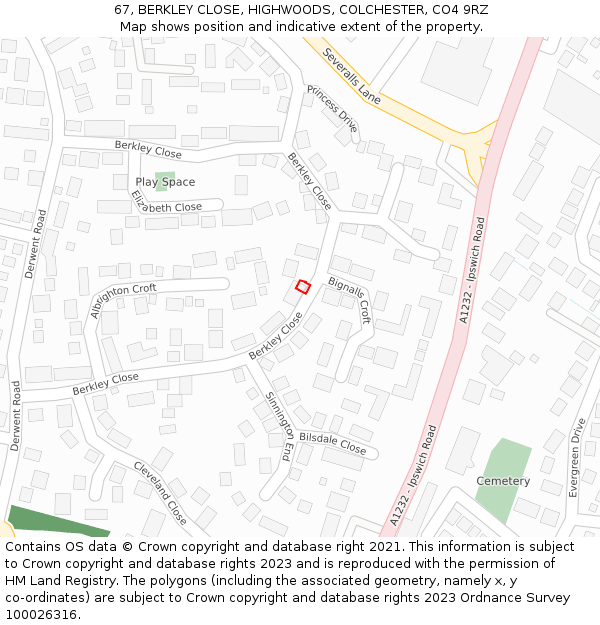 67, BERKLEY CLOSE, HIGHWOODS, COLCHESTER, CO4 9RZ: Location map and indicative extent of plot