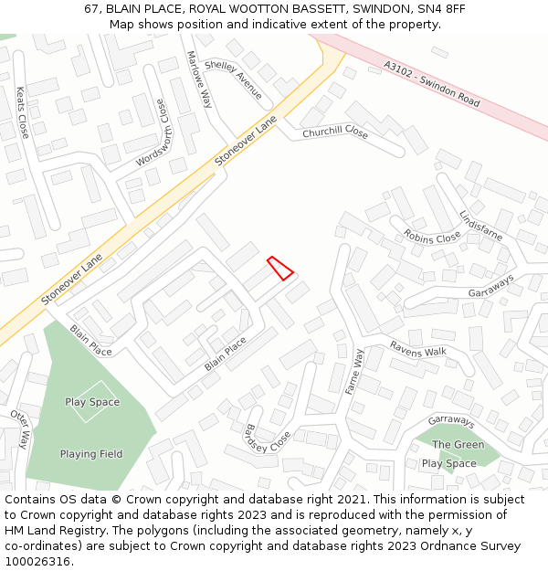 67, BLAIN PLACE, ROYAL WOOTTON BASSETT, SWINDON, SN4 8FF: Location map and indicative extent of plot