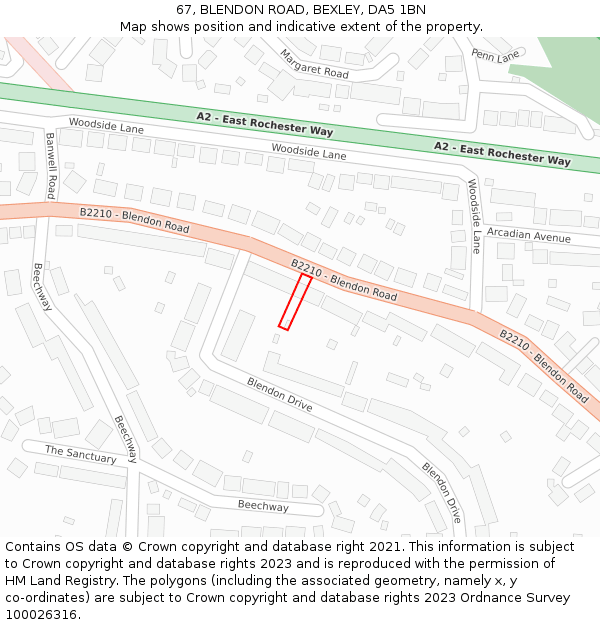 67, BLENDON ROAD, BEXLEY, DA5 1BN: Location map and indicative extent of plot