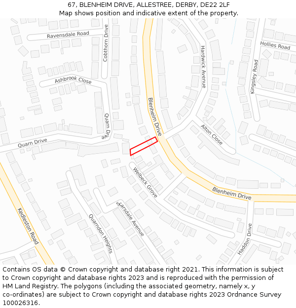 67, BLENHEIM DRIVE, ALLESTREE, DERBY, DE22 2LF: Location map and indicative extent of plot