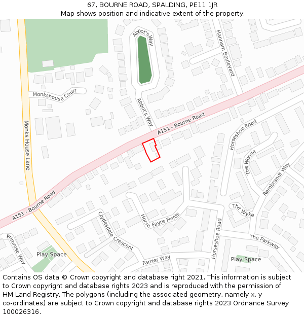 67, BOURNE ROAD, SPALDING, PE11 1JR: Location map and indicative extent of plot