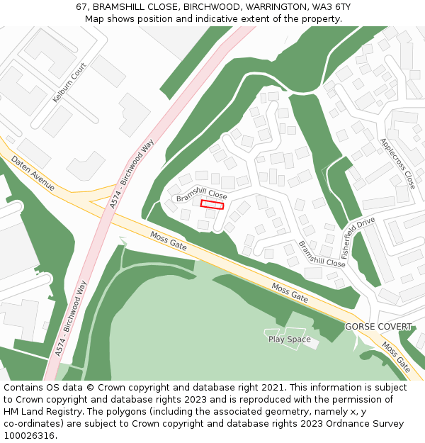 67, BRAMSHILL CLOSE, BIRCHWOOD, WARRINGTON, WA3 6TY: Location map and indicative extent of plot