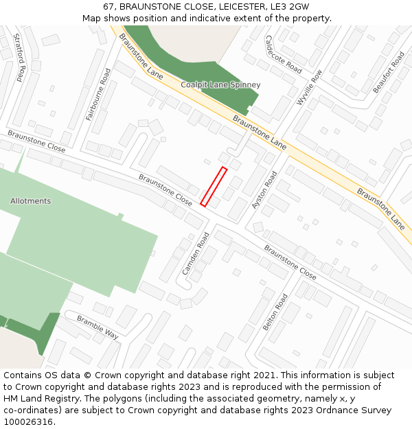 67, BRAUNSTONE CLOSE, LEICESTER, LE3 2GW: Location map and indicative extent of plot