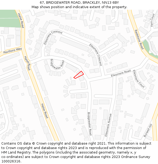 67, BRIDGEWATER ROAD, BRACKLEY, NN13 6BY: Location map and indicative extent of plot