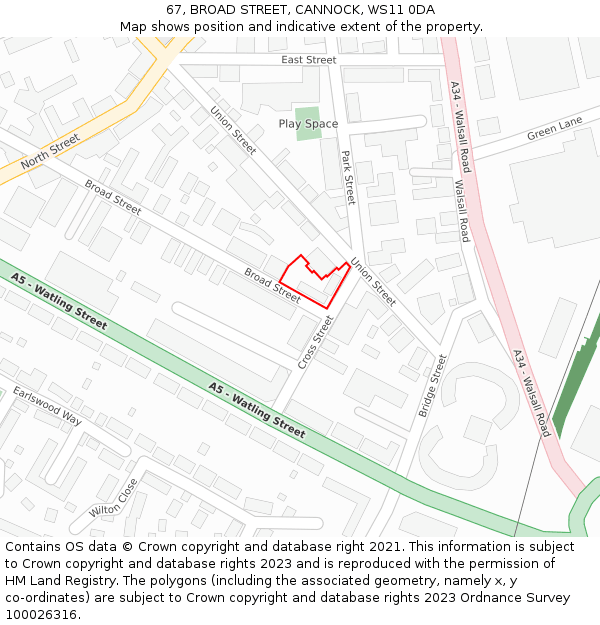 67, BROAD STREET, CANNOCK, WS11 0DA: Location map and indicative extent of plot