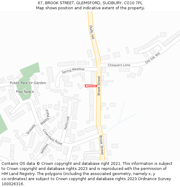 67, BROOK STREET, GLEMSFORD, SUDBURY, CO10 7PL: Location map and indicative extent of plot